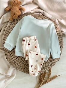 SHEIN Toddler Boys' Fleece Sweatshirt And Ribbed Geometric Print Pants Set,Light Blue,Autumn,Cute,Family Matching,Baby Unisex Long Sleeve Pajama Outfit - Multicolor - View 2