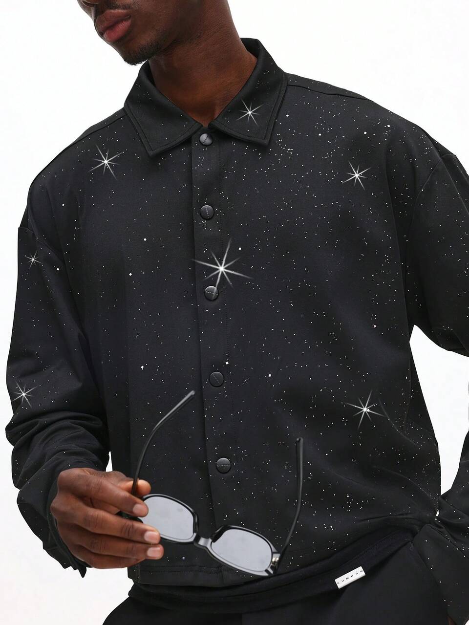 SUMWON Camisa Social de Manga Longa com Estampa de Estrelas Brilhantes e Padrão de Céu Noturno, Corte Cropped, Design Cósmico e Galáxia, Casual