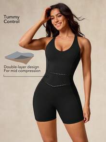 OutZeal 女士运动黑色连体裤骑行健身服夏季收腹吸汗文胸-露背设计 - 黑色 - 查看 2