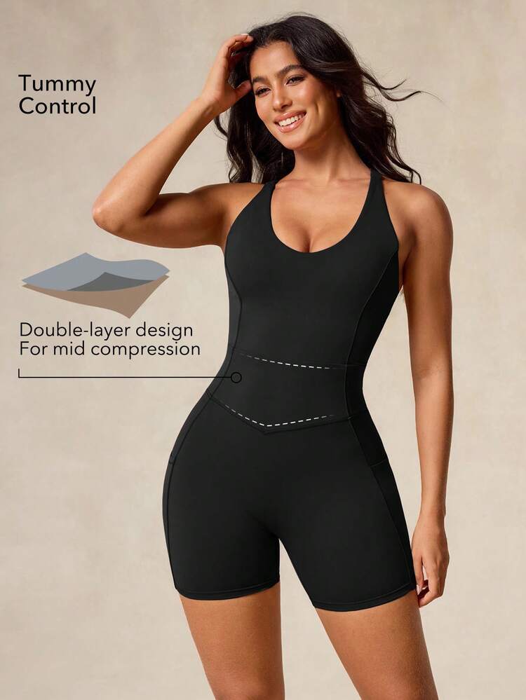 OutZeal 女士运动黑色连体裤骑行健身服夏季收腹吸汗文胸-露背设计 - 黑色 - 查看 2