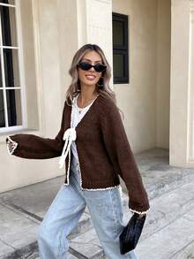 Serisse Áo khoác cardigan dệt kim dài tay họa tiết hoa buộc phía trước dành cho nữ, Thu/Đông - màu nâu - Xem 5