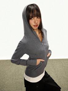 Rina Fox Women's Long Sleeve Beaded Zipper Front Casual Hoodie Jacket Fall Winter Cloth For Women