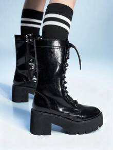 Sugerpunk 女士时尚黑色厚底摩托车中筒靴，街头风格 - 黑色 - 查看 11