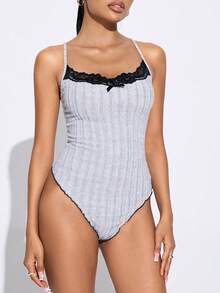 SHEIN SXY 女士撞色蕾丝蝴蝶结装饰无袖紧身衣 - 灰色 - 查看 1