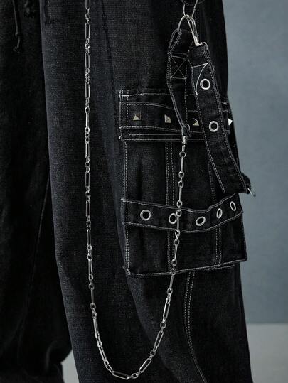 Street Life Casual Loose Fit Chain Decor Men's Wide Leg Jeans