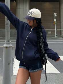 SHEIN EZwear Autumn Women's Navy Blue Hooded Zipper Long Sleeve Letter Embroidery Design Casual Sweatshirt, Long Sleeve Top Graduation, Back To School Clothing, Graduation, Women's Teacher Clothing, Autumn And Winter Back To School