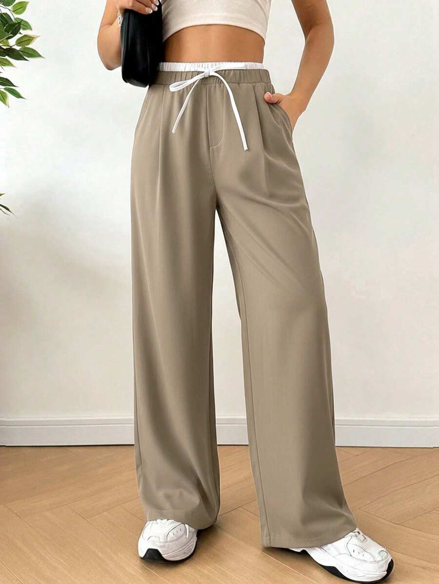 SHEIN EZwear 女款卡其色拼色休闲裤，女款春秋休闲抽绳口袋阔腿长款卡其色宽松裤，休闲日常穿搭 - 卡其色 - 查看 1