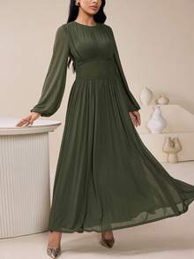 女士优雅纯色束腰阿拉伯风格连衣裙 - 軍綠色 - 查看 4