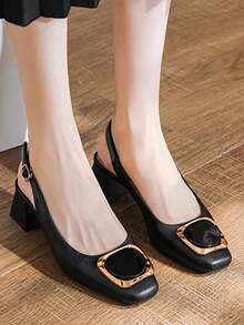 Tacones altos franceses con tacones gruesos Baotou nuevo rojo de la red exterior en verano, gran tamaño y vacío con sandalias para mujeres, Zapatos de tacón de mujer - Negro - Ver 8