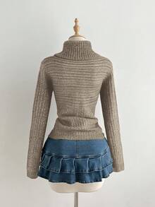 Elamini 女式高领修身毛衣，秋冬 - 摩卡棕 - 查看 2