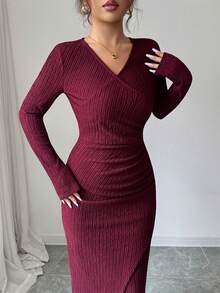 Modelyn Damen gestricktes rotes langärmliges figurbetontes Kleid aus strukturiertem Stoff, geeignet für Ausgänge - Rot - Übersicht 4