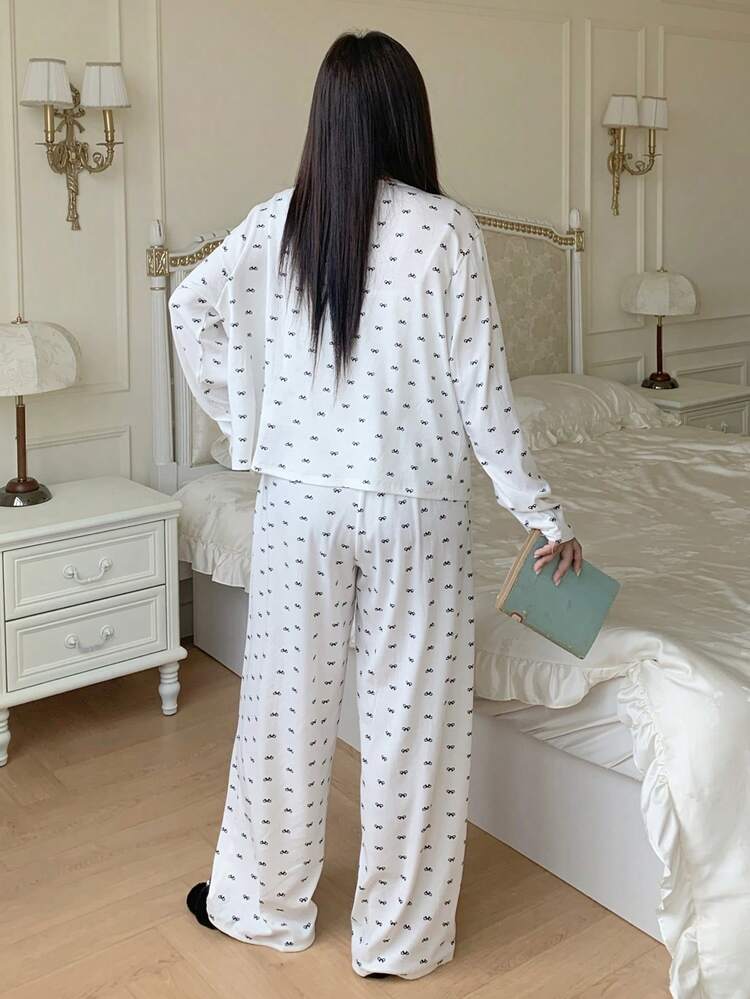 Dazy Plus 3pcs Fashionable Bow Print Casual Sleepwear Set For Plus Size, Autumn/Spring Fall Winter Clothes
