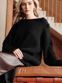 Uhlyne Solid Color Minimalist Crew Neck Long Sleeve Sweater, Elegant Casual High-End Vintage Style, Handcrafted Crochet Details, Women Knit Pullover Suitable For Daily Commute, Holidays, Parties - Black - View 3