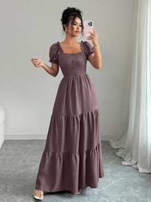 Elenzga 女士优雅长裙，独特领口，多层拼接，荷叶边饰边，修身设计/垂坠/分层/假日装/波西米亚风/浪漫花卉/度假休闲 - 淡紫色 - 查看 5