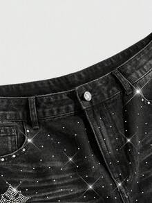 ROMWE MEN Street Life Shorts vaqueros casuales y versátiles con diamantes brillantes para hombres - Negro - Ver 3
