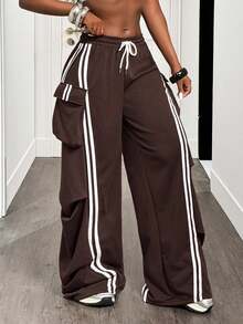 BamGleam 复古条纹撞色运动裤，带褶皱口袋，宽松休闲羊毛运动裤，适合秋季 - 棕色 - 查看 6