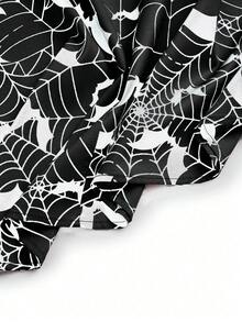 Flirla 大码万圣节蕾丝拼布蝙蝠袖蜘蛛网和蝙蝠印花连衣裙 - 黑與白 - 查看 3