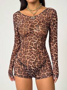 SHEIN PETITE Sexy Vintage Leopard Print Mesh Bodysuit, Women Long Sleeve Sheer Tight-Fitting Jumpsuit Cheetah Print - Brown - View 3