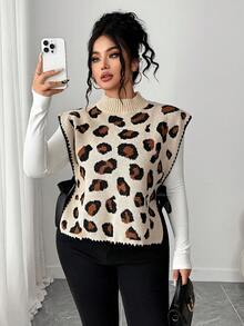 Elenzga 女士优雅豹纹系带无袖宽松针织背心毛衣，大码秋冬款 - 棕色 - 查看 5