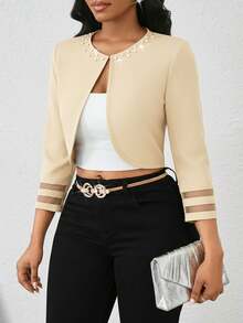 SHEIN Lady 薄款领口钻石夹克女上衣生日及活动/办公室/教堂/婚礼/节日办公室服装秋冬女士 - 杏色 - 查看 4