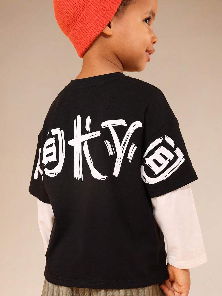 SUMWON Boys Long Sleeve Layered Tokyo Graphic Tee Crew Neck Cotton Blend Casual Shirt Japanese Script Print Back Design Toddler - Black and White - View 1