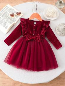 SHEIN 婴幼儿女童酒红色天鹅绒荷叶边领蝴蝶结薄纱长袖连衣裙，可爱优雅，适合休闲、节日、派对 - 酒紅色 - 查看 8