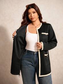 Elaquor Plus Size Elegant Commuter Color Block Ribbon Jacket Autumn Winter Clothes For Women - Black - View 7