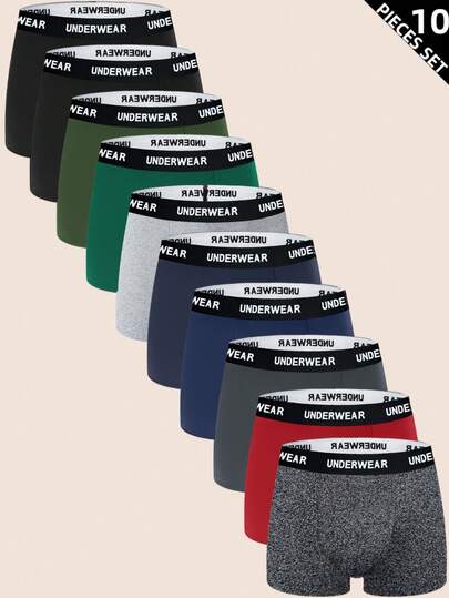 Manfinity Underwear&Sleepwear Basics 10 piezas Calzoncillos tipo bóxer de talla grande para hombres con cintura con estampado de letras y unicolor (suaves y cómodos)