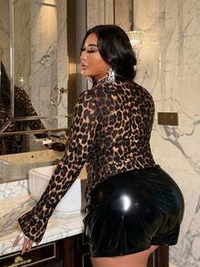 NU&NOW Plus Size Women Sexy Leopard Print Drawstring Hem Long Sleeve T-Shirt Top