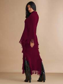 Silquee Women's Solid Color Stand Collar Fringe Decor Side Slit Dress, Autumn/Winter,Fall,Fall Clothes For Women