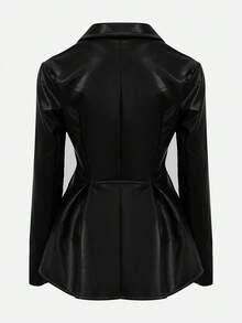 SHEIN Unity 女士哥特朋克风休闲舒适PU皮夹克，腰部收紧设计，适合万圣节角色扮演 - 黑色 - 查看 2