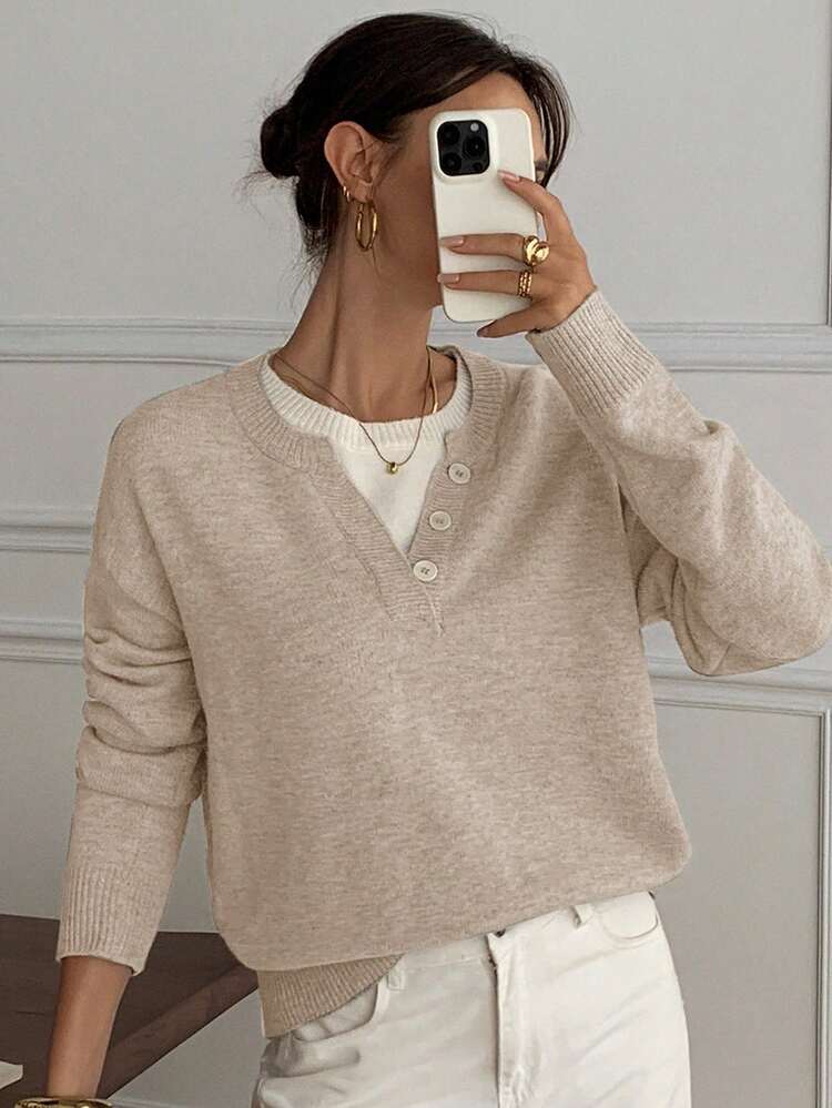 Casual Color Block Henley Neck Pullover, Soft Knit 2 In 1 Sweater For Women