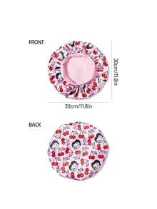 Betty Boop x SHEIN Phiên bản nâng cấp của mũ ngủ hai lớp, chăm sóc tóc, mũ ngủ satin co giãn vành rộng, mềm mại và thoải mái, thích hợp cho giấc ngủ hàng ngày ở nhà, màu hồng anh đào, ý tưởng quà tặng, tiệc tùng, ngày lễ, Ngày Valentine. - Hồng - Xem 4