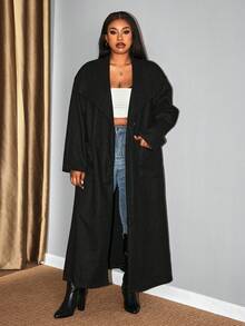 Hourglow Dollyholly86 秋冬大码女士休闲纯色长袖大衣，适合沙漏型身材 - 黑色 - 查看 4