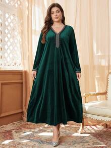 Al Najma Plus Size Women's Casual Velvet V-Neck Lace Trim Long Sleeve Loose Dress, Suitable For Autumn/Winter, Casual Modest Maxi Jalabiya Arabian Dresses, For Casual Daily