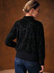 MOTF PREMIUM Femmes Couleur Unie Velours Dentelle Col Rond Manches Longues Tricot Pull, Automne/Hiver - Noir - Voir 4