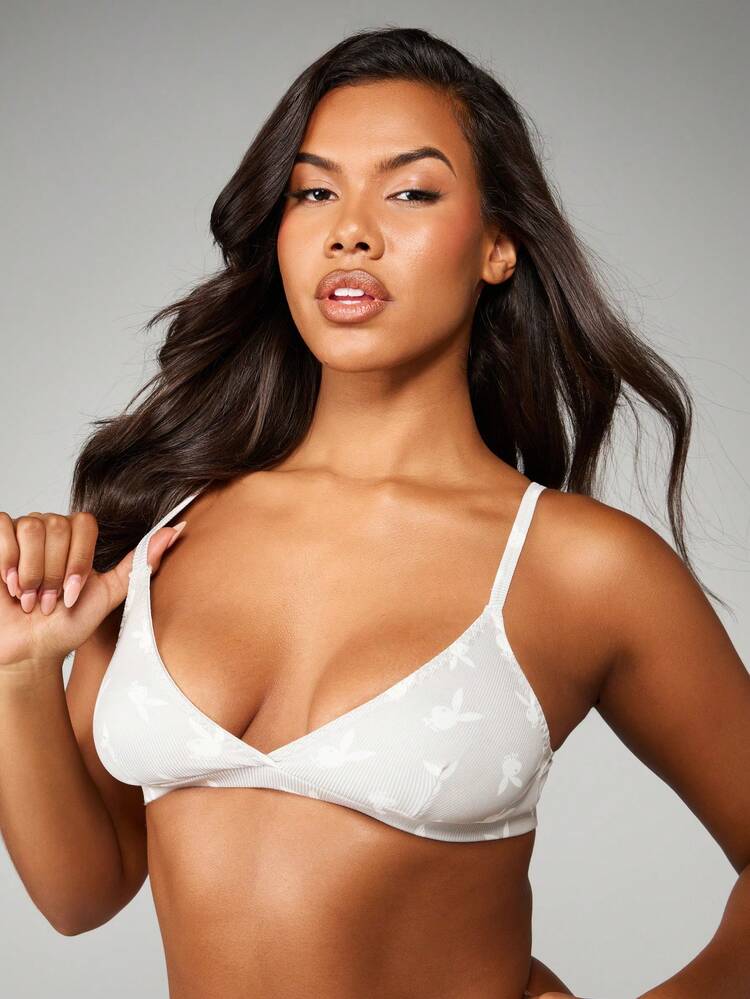 Missguided x Playboy Biustonosz żebrowany z regulowanymi ramiączkami, bez fiszbin, komfortowy, do noszenia na co dzień