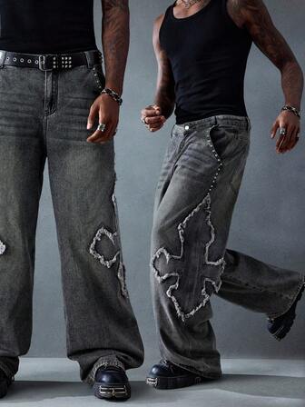 Street Life Jeans à jambes larges pour hommes, style casual, avec application de croix, décoration cloutée et lavage