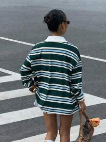 Muchica 女士休闲 2025 新款苔绿色条纹长袖 T 恤、刺绣骏马 Polo 衫、复古秋/春上衣 - 彩色 - 查看 2