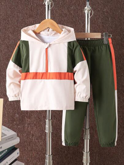 2 件套年轻男孩时尚百搭杏色、绿色、橙色拼色英文字母印花半拉链连帽运动衫上衣搭配松紧腰裤，适合 4-7 岁男孩户外、街头、拍照
