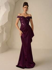 Coutiva Vestido de noche formal de mujer con hombros descubiertos, bajo de cola de pez y parches de lentejuelas elegantes - Rojo violeta - Ver 7