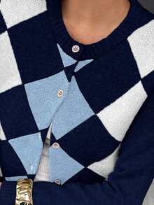 Pariaura 女式格子圆领长袖单排扣休闲针织开衫，秋冬 - 彩色 - 查看 5
