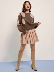 WESTFADE 乡村西部风花卉嵌花船领长袖针织毛衣，休闲可爱，西部风，波西米亚风，秋季，冬日 - 棕色 - 查看 3