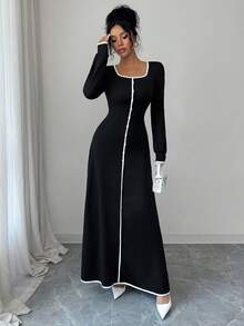 Elenzga Vestido casual elegante de mujer con cuello cuadrado, mangas raglán, cintura recogida y abotonadura decorativa en bloques de color, para otoño/invierno - Negro - Ver 4