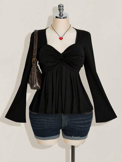 SHEIN ICON Plus Size Women's Black Chest Twist Knit Top, Babydoll Knit Top, Y2k Clothing, Graduation Season Homecoming Season Back To School Clothes Fall Clothes, Cute Tops For Women, Babydoll Tops