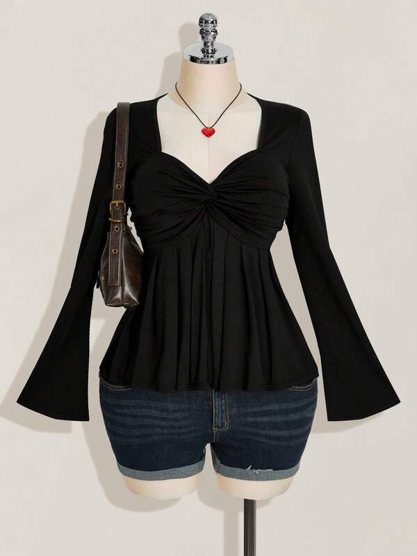 SHEIN ICON Plus Size Women's Black Chest Twist Knit Top, Babydoll Knit Top, Y2k Clothing, Graduation Season Homecoming Season Back To School Clothes Fall Clothes, Cute Tops For Women, Babydoll Tops