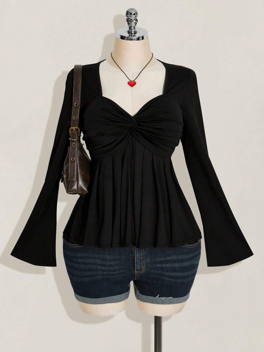 SHEIN ICON 大码女式黑色胸部扭纹针织上衣，娃娃装针织上衣，Y2k 服装，毕业季返校季返校服装秋季服装，女式可爱上衣，娃娃装上衣 - 黑色 - 查看 1