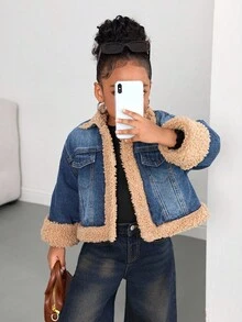 SHEIN 女童宽松蓝色牛仔保暖外套，秋冬季 - 中等水洗藍 - 查看 6