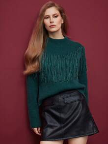 Maija Women's Green Fringe Knit Long Sleeve Sweater Autumn Winter Clothes For Women - Green - View 9