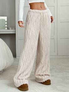 CovetEZ Women's Solid Color Drawstring High Waist Fluffy Wide Leg Casual Pants